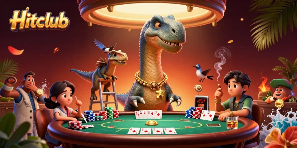 Hitclub illustration showcasing a towering brontosaurus and clever raptor in vibrant casino scene.