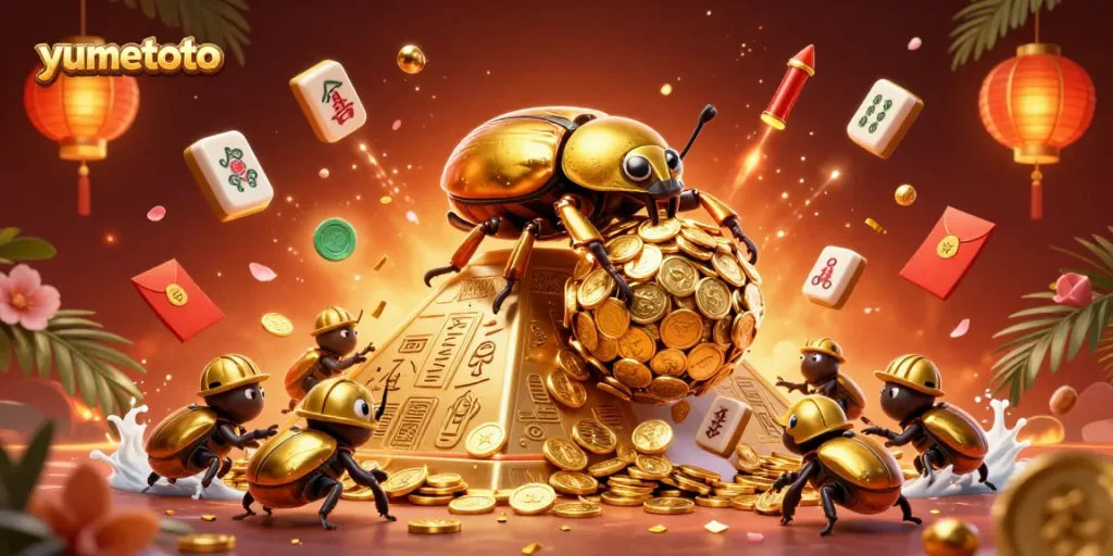 Experience winning with yumetoto in a vibrant 3D illustration of a golden beetle and casino symbols.