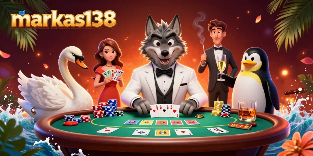 Engage with markas138 in a vibrant casino setting featuring a debonair wolf, elegant swan, and penguin sommelier.