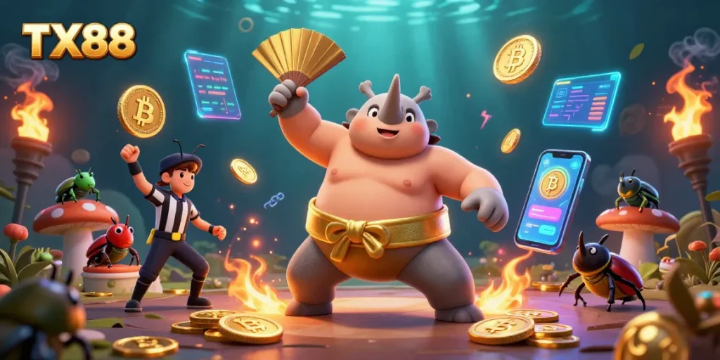 TX88 invites players to experience thrilling casino fun with a cartoon beetle champion amidst flying golden coins.