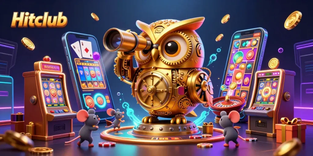 Hitclub showcases an exciting casino atmosphere with a stunning owl overseeing vibrant gaming activity.