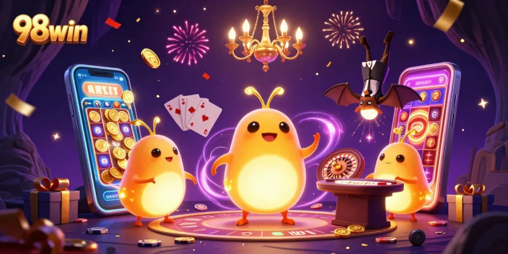 Experience the excitement of gaming at 98win with vibrant casino activities and illuminating glowworms.