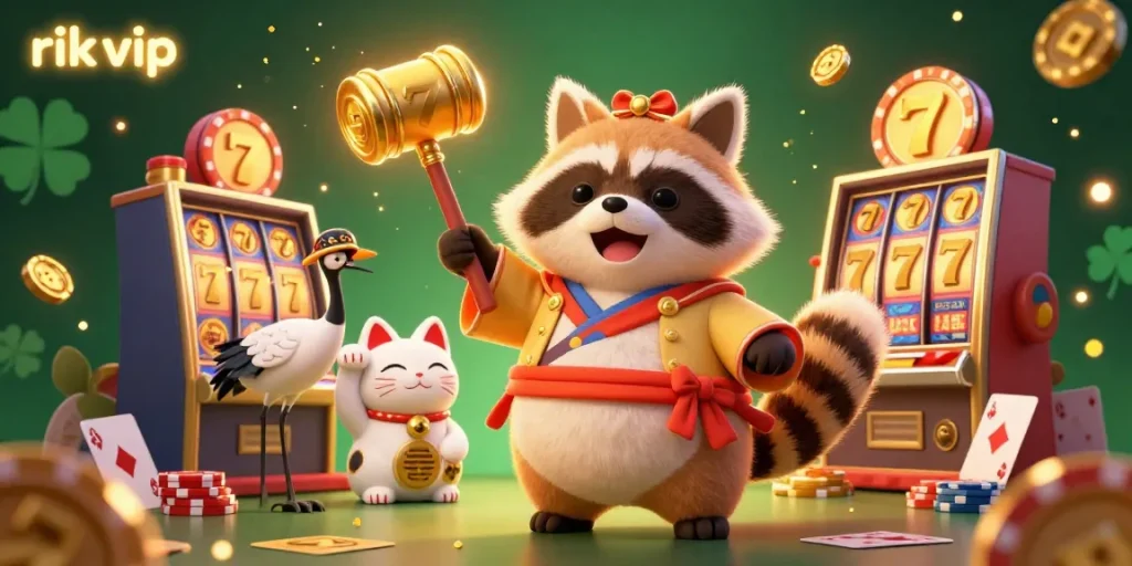 Experience the thrill of winning at rik vip with this vibrant illustration showcasing colorful casino elements and lucky mascots.