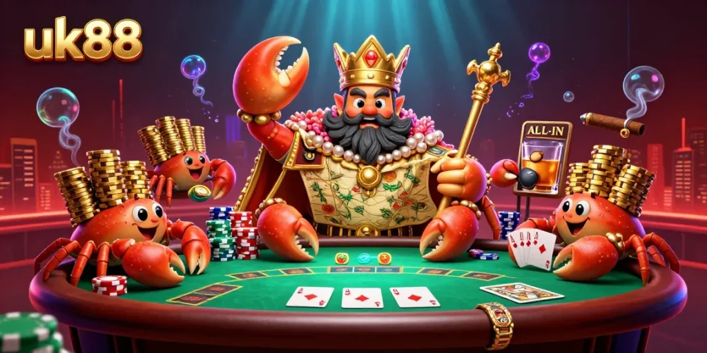uk88 showcases a grand 3D casino scene featuring a cartoon crab emperor leading a vibrant poker game with dramatic action.