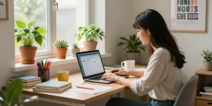 Woman exploring https://rokok88x.com in a cozy home office with vibrant plants and bright atmosphere.