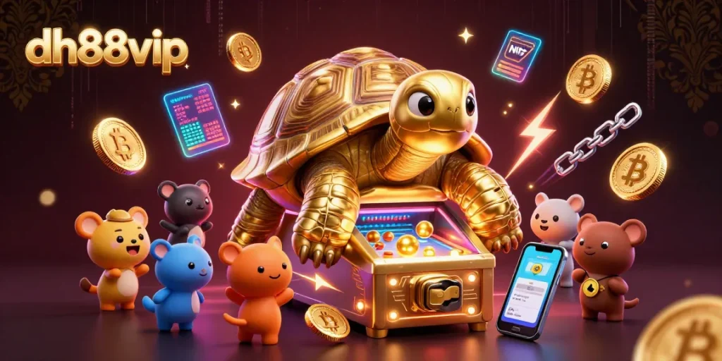 Engage with dh88vip in this lively 3D illustration showcasing a whimsical golden tortoise pinball machine.