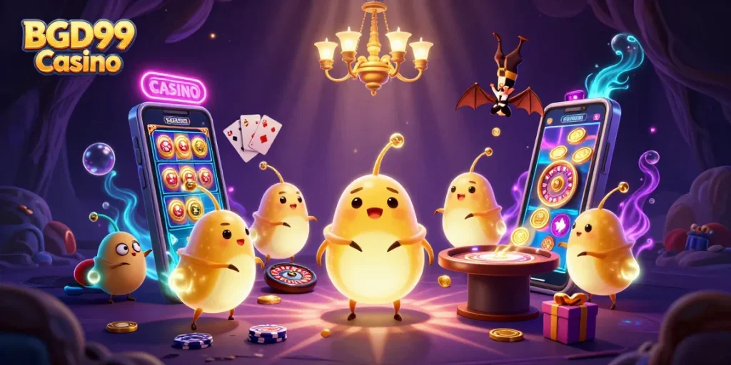 Experience the excitement of BGD99 Casino with glowing characters in a vibrant gambling scene.