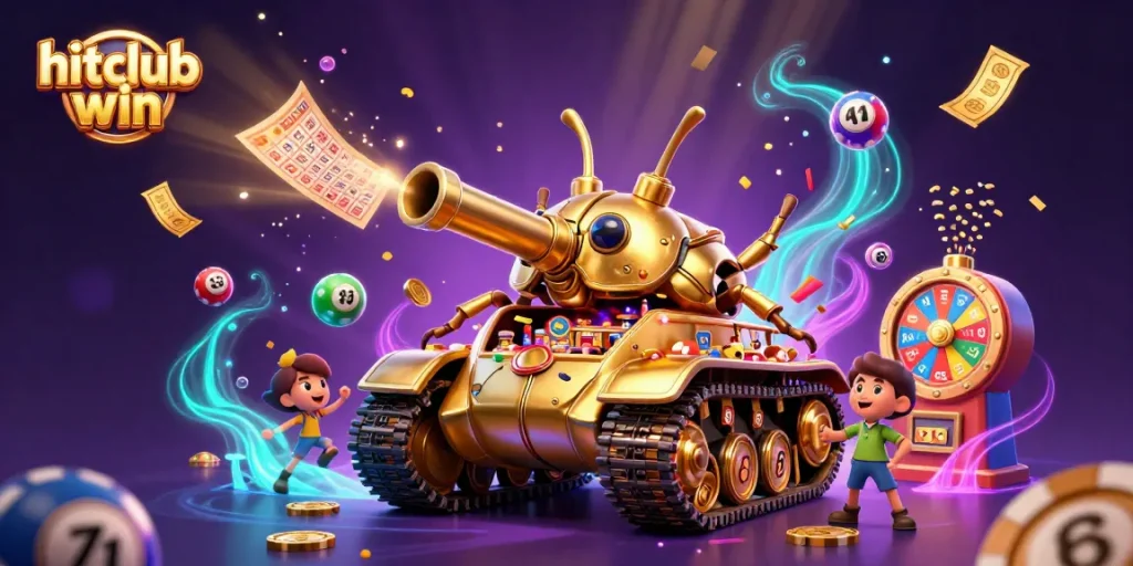 The hitclub win illustration showcases a vibrant casino scene with a unique golden beetle tank and dynamic lottery elements.
